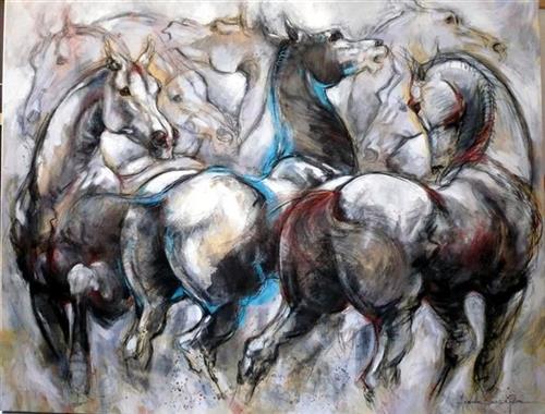 "Les virtuoses", acrylique, fusain et pierre noire sur toile, 150 x 120 cm