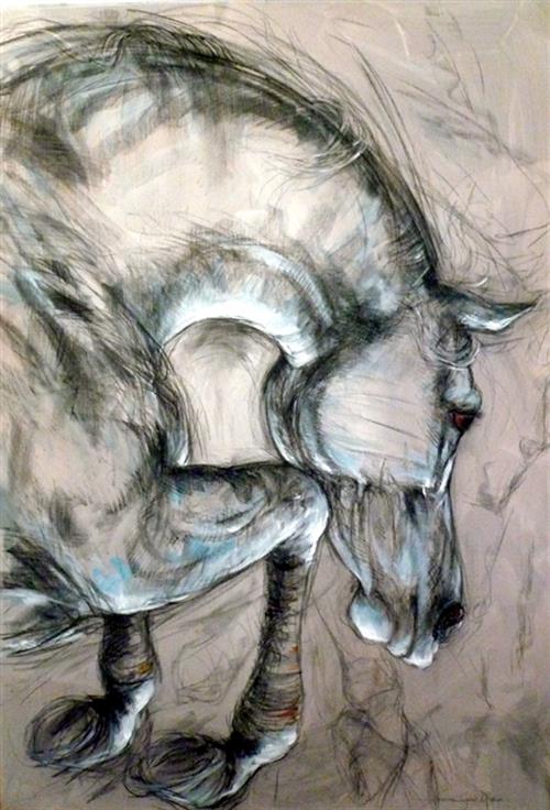 "L'envol", peinture acrylique, fusain et pierre noire sur toile, 114 x 164 cm